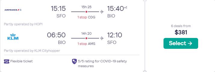 New Year flights from San Francisco to Bilbao, Spain for only $381 roundtrip with Air France and KLM. Flight deal ticket image.