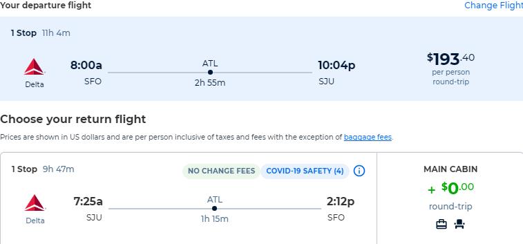 Cheap flights from San Francisco to San Juan, Puerto Rico for only $193 roundtrip with Delta Air Lines. Flight deal ticket image.