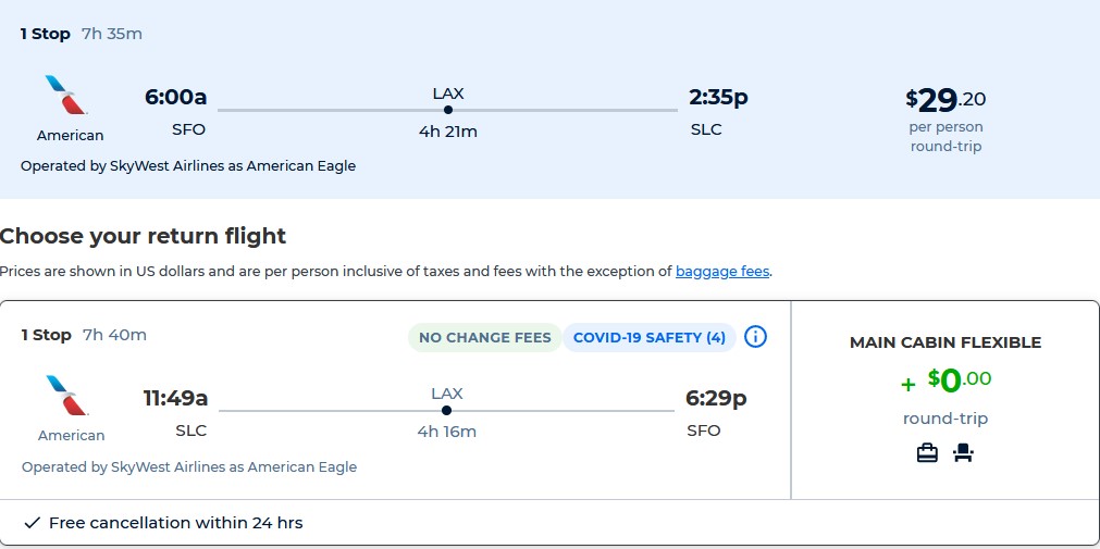 Cheap flights from San Francisco to Salt Lake City, Utah for only $29 roundtrip with American Airlines. Also works in reverse. Flight deal ticket image.