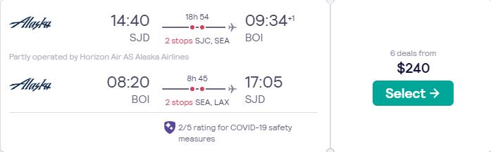 Click here to book this cheap flight deal. Summer flights from San Jose del Cabo, Mexico to Boise, Idaho for only $240 USD roundtrip with Alaska Airlines. Flight deal ticket image.