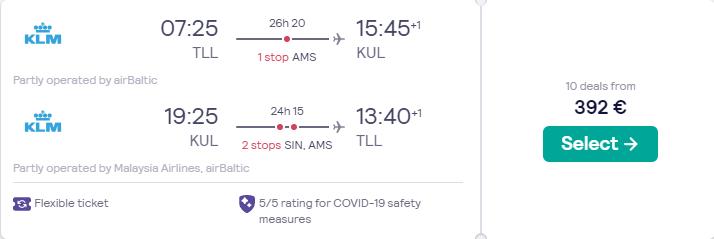 Cheap flights from Tallinn, Estonia or Riga, Latvia to Kuala Lumpur, Malaysia from only €392 roundtrip with KLM and Malaysia Airlines. Flight deal ticket image.