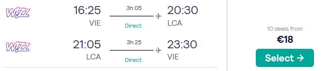 Non-stop flights from Vienna, Austria to Larnaca, Cyprus for only €18 roundtrip. Flight deal ticket image.