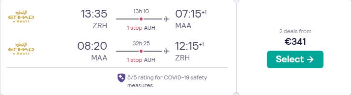 Cheap flights from Zurich, Switzerland to Chennai, India for only €341 roundtrip with Etihad Airways. Flight deal ticket image.