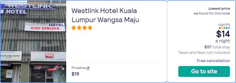 Stay at the 4* Westlink Hotel Kuala Lumpur Wangsa Maju in Kuala Lumpur, Malaysia for only $13 USD per night over Christmas and New Year. Flight deal ticket image.