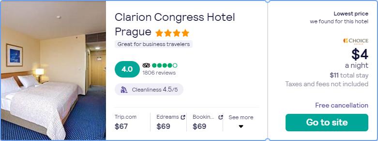 Stay at the 4* Clarion Congress Hotel Prague in Prague, Czech Republic for only $3 USD per night. Flight deal ticket image.
