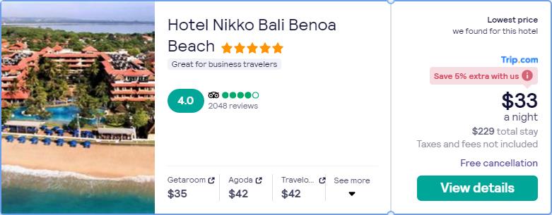 Stay at the 5* Hotel Nikko Bali Benoa Beach in Bali, Indonesia for only $33 USD per night. Flight deal ticket image.
