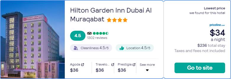 Stay at the 4* Hilton Garden Inn Dubai Al Muraqabat in Dubai, UAE for only $34 USD per night. Flight deal ticket image.