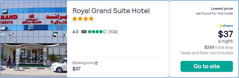 Stay at the 4* Sharjah Palace Hotel in Sharjah, UAE for only $37 USD per night. Flight deal ticket image.