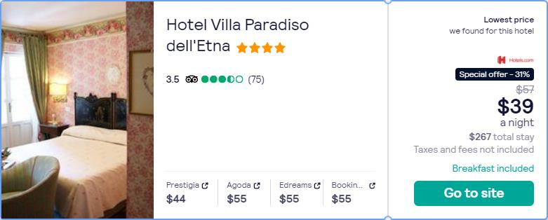 Stay at the 4* Hotel Villa Paradiso dell'Etna in Marche, Italy for only $39 USD per night over Christmas. Flight deal ticket image.
