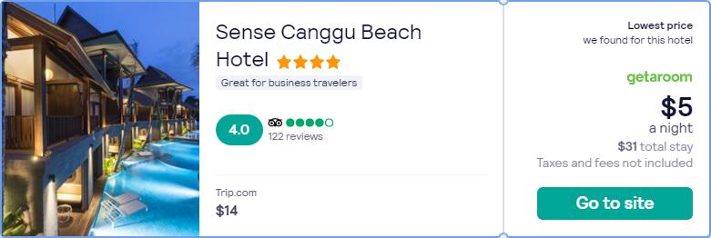 Stay at the 4* Sense Canggu Beach Hotel in Bali, Indonesia for only $5 USD per night. Flight deal ticket image.