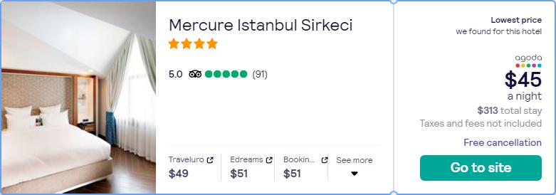 Stay at the 4* Mercure Istanbul Sirkeci in Istanbul, Turkey for only $44 USD per night. Flight deal ticket image.