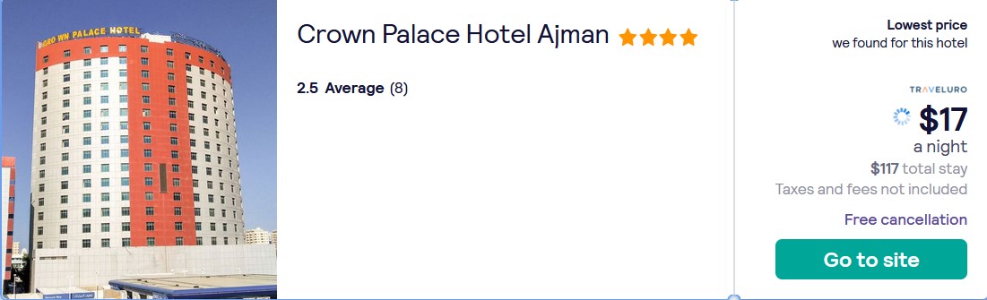 Stay at the 4* Crown Palace Hotel Ajman in Ajman, UAE for only $17 USD per night. Flight deal ticket image.