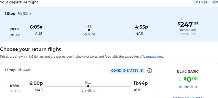 Cheap flights from Austin, Texas to the Bahamas for only $247 roundtrip with JetBlue. Flight deal ticket image.