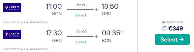 Non-stop flights from Barcelona, Spain to Sao Paulo, Brazil for only €349 roundtrip with LATAM Airlines. Flight deal ticket image.
