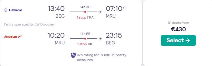 Click here to book this cheap flight deal. Cheap flights from Belgrade, Serbia to Mauritius for only €430 roundtrip with Lufthansa and Austrian Airlines. Flight deal ticket image.
