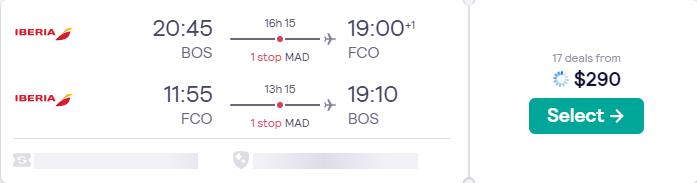 Cheap flights from Boston to Rome, Italy for only $290 roundtrip with Iberia. Flight deal ticket image.