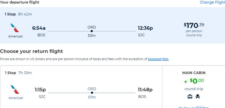 Cheap flights from Boston to San Jose, California for only $170 roundtrip with American Airlines. Also works in reverse. Flight deal ticket image.