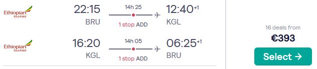 Cheap flights from Brussels, Belgium to Kigali, Rwanda for only €393 roundtrip. Flight deal ticket image.