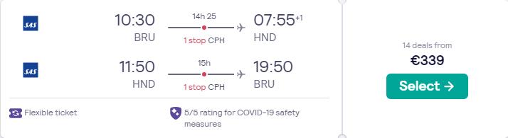 Cheap flights from Brussels, Belgium to Tokyo, Japan for only €341 roundtrip with SAS. Flight deal ticket image.