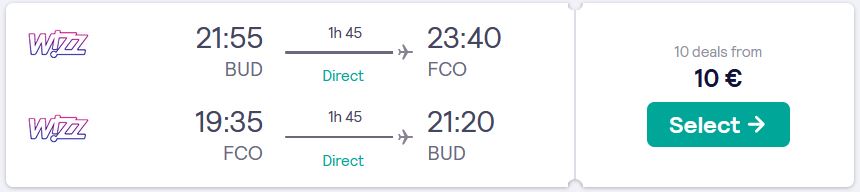 Non-stop flights from Budapest, Hungary to Rome, Italy for only €16 roundtrip. Flight deal ticket image.