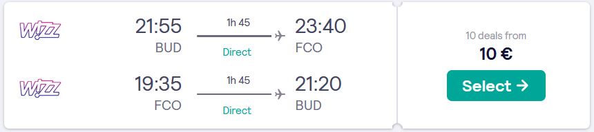 Click here to book this cheap flight deal. Non-stop flights from Budapest, Hungary to Rome, Italy for only €16 roundtrip. Flight deal ticket image.