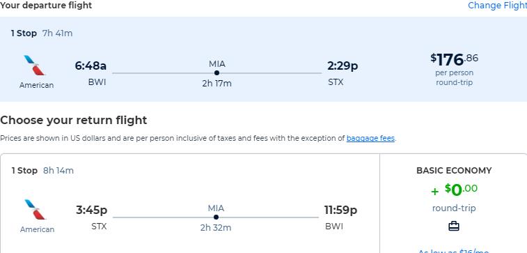 Click here to book this cheap flight deal. Cheap flights from Baltimore to the US Virgin Islands for only $176 roundtrip with American Airlines. Flight deal ticket image.