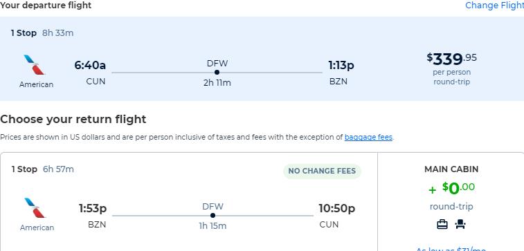 Cheap flights from Cancun, Mexico to Bozeman, USA for only $339 USD roundtrip with American Airlines. Flight deal ticket image.