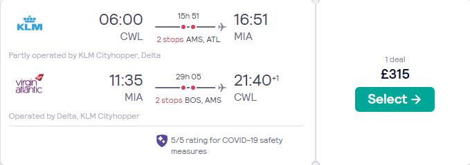 Cheap flights from Cardiff, UK to Miami, USA for only £315 roundtrip with KLM and Delta Air Lines. Flight deal ticket image.