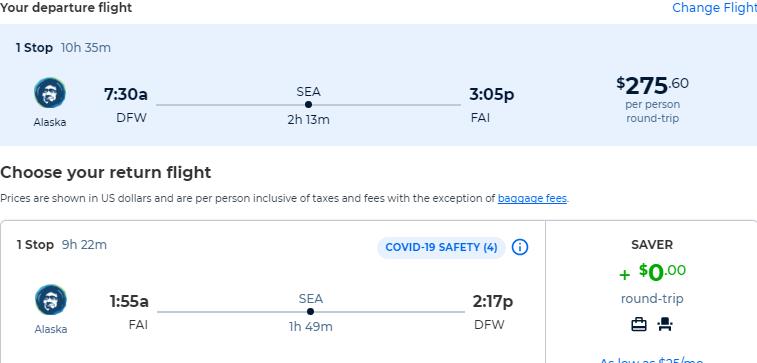 Cheap flights from Dallas, Texas to Fairbanks, Alaska for only $275 roundtrip with Alaska Airlines. Also works in reverse. Flight deal ticket image.
