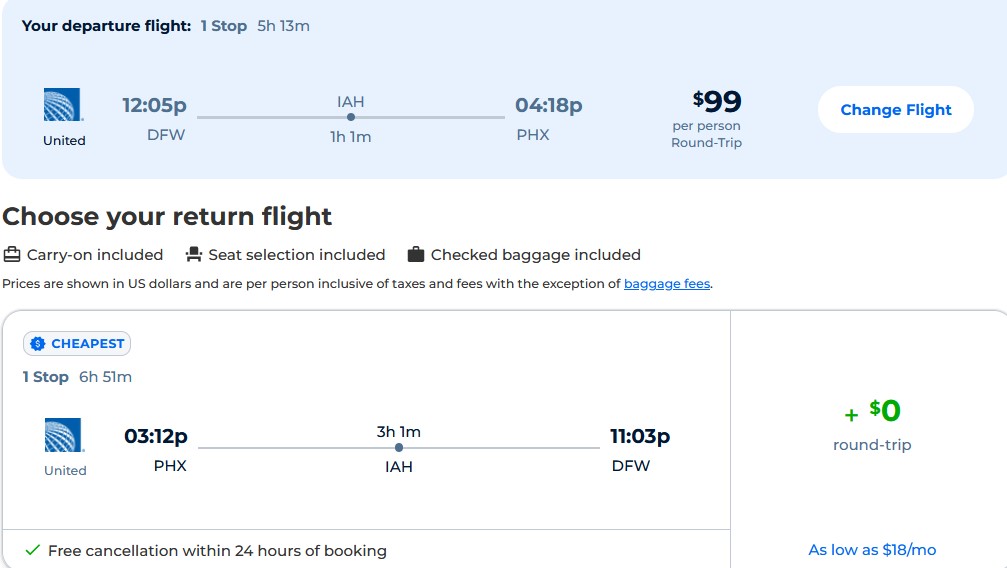 Cheap flights from Dallas, Texas to Phoenix, Arizona for only $99 roundtrip with United Airlines. Also works in reverse. Flight deal ticket image.