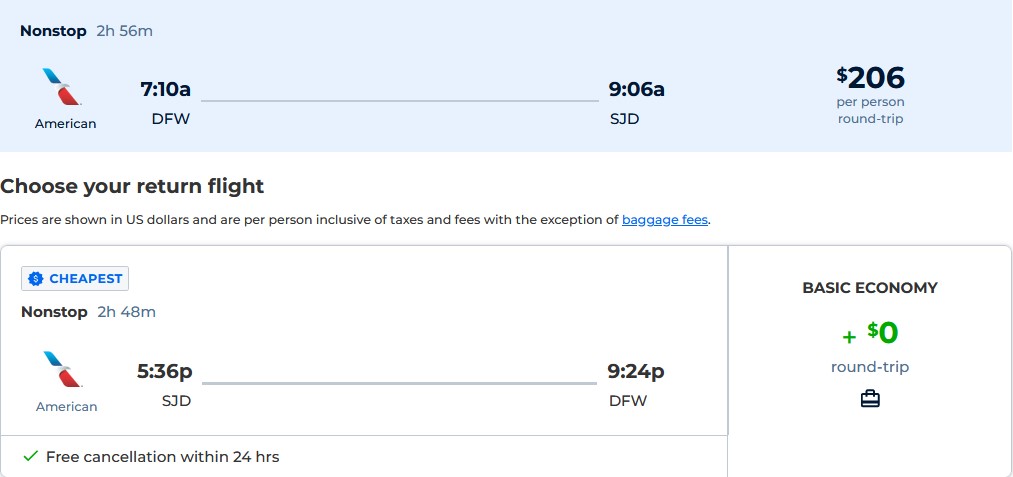 Cheap flights from Dallas or Houston, Texas to San Jose del Cabo, Mexico from only $206 roundtrip with American Airlines. Flight deal ticket image.