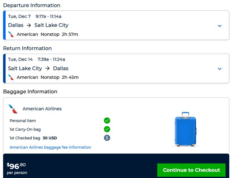 Non-stop flights from Dallas, Texas to Salt Lake City, Utah for only $96 roundtrip with American Airlines. Also works in reverse. Flight deal ticket image.