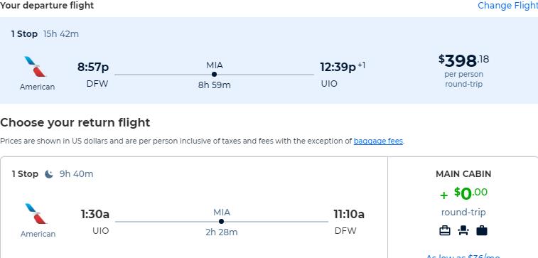 Cheap flights from Dallas, Texas to Quito, Ecuador for only $398 roundtrip with American Airlines. Flight deal ticket image.