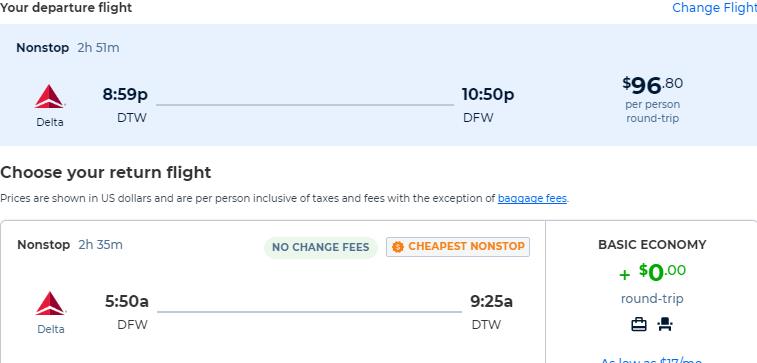 Click here to book this cheap flight deal. Non-stop flights from Detroit to Dallas, Texas for only $96 roundtrip with Delta Air Lines. Also works in reverse. Flight deal ticket image.