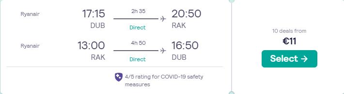 Click here to book this cheap flight deal. Non-stop flights from Dublin, Ireland to Marrakesh, Morocco for only €11 roundtrip. Flight deal ticket image.