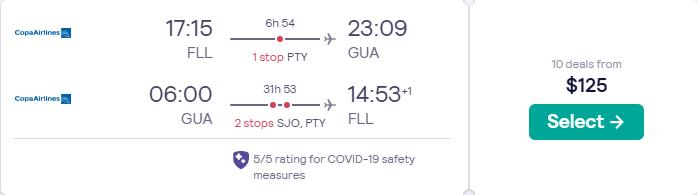 Click here to book this cheap flight deal. Cheap flights from Florida cities to Guatemala City, Guatemala from only $125 roundtrip with Copa Airlines. Flight deal ticket image.