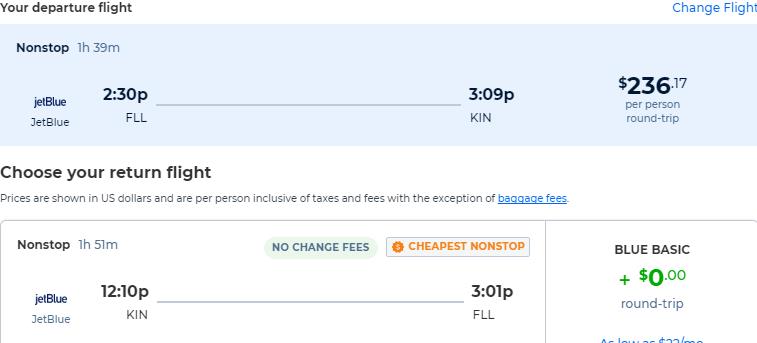 Non-stop flights from Fort Lauderdale to Kingston, Jamaica for only $236 roundtrip with JetBlue. Flight deal ticket image.