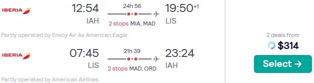 Click here to book this cheap flight deal. Cheap flights from Houston, Texas to European cities from only $314 roundtrip with American Airlines. Flight deal ticket image.