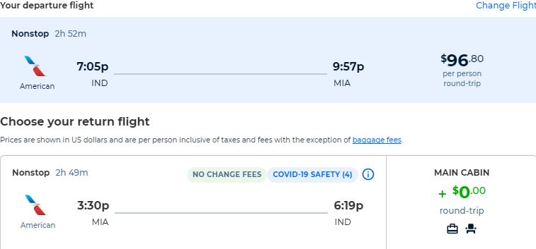 Non-stop flights from Indianapolis to Miami for only $96 roundtrip with American Airlines. Also works in reverse. Flight deal ticket image.