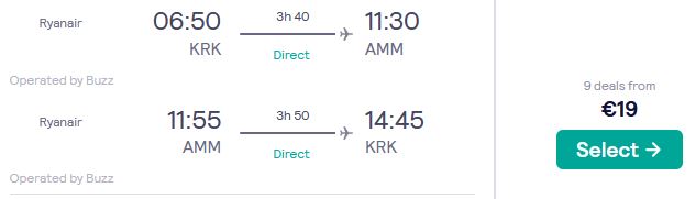 Non-stop flights from Krakow, Poland to Amman, Jordan for only €19 roundtrip. Flight deal ticket image.