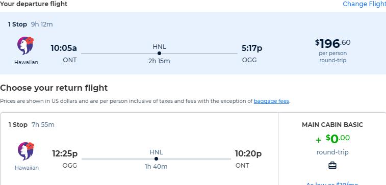 Cheap flights from Los Angeles to Kahului, Hawaii for only $196 roundtrip with Hawaiian Airlines. Also works in reverse. Flight deal ticket image.