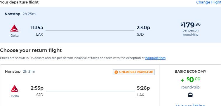 Non-stop flights from Los Angeles to San Jose del Cabo or Puerto Vallarta, Mexico from only $179 roundtrip with Delta Air Lines. Flight deal ticket image.