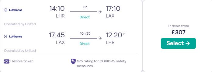Non-stop flights from London, UK to Los Angeles, USA for only £307 roundtrip with United Airlines. Flight deal ticket image.