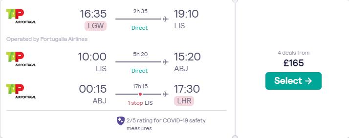 2 in 1 trip...Cheap flights from London, UK to Lisbon, Portugal and Abidjan, Ivory Coast for only £165 roundtrip with TAP Air Portugal. Flight deal ticket image.