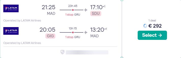 Cheap flights from Madrid or Barcelona, Spain to Rio de Janeiro or Sao Paulo, Brazil from only €292 roundtrip with LATAM Airlines. Flight deal ticket image.