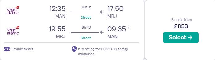 Business Class flights from Manchester, UK to Montego Bay, Jamaica for only £853 roundtrip with Virgin Atlantic. Flight deal ticket image.