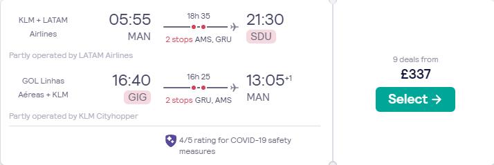 Cheap flights from Manchester, UK to Rio de Janeiro, Brazil for only £337 roundtrip with KLM and LATAM Airlines. Flight deal ticket image.