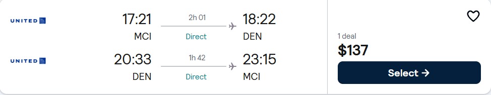 Non-stop flights from Kansas City to Denver, Colorado for only $137 roundtrip with United Airlines. Also works in reverse. Flight deal ticket image.