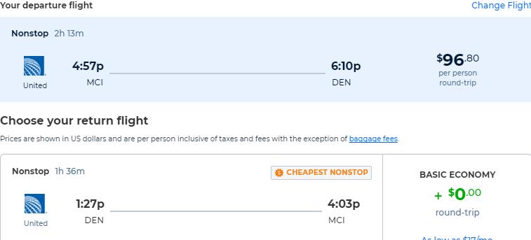 Non-stop, New Year flights from Kansas City to Denver, Colorado for only $96 roundtrip with United Airlines. Also works in reverse. Flight deal ticket image.