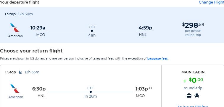 Cheap flights from Orlando, Florida to Honolulu, Hawaii for only $298 roundtrip with American Airlines. Also works in reverse. Flight deal ticket image.